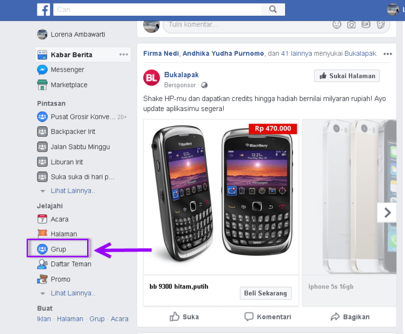 Cara mudah mengirim File ke Grup Facebook 1 masuk ke beranda dan cari grup