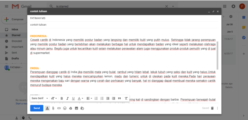 Cara mempercantik tulisan di gmail dengan pemformatan font dan warna 15 Email menggunakan efek text color