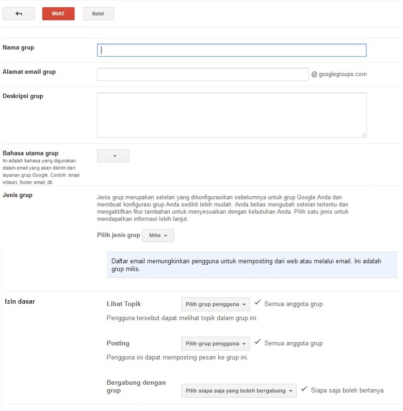 Cara membuat grup milis di Gmail dengan google group 2 Tampilan saat melakukan pengisian form pembuatan grup milis