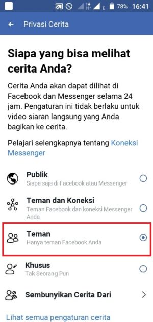 Cara membuat dan melihat stories di Facebook 15 Memilih siapa yang dapat melihat stories kamu