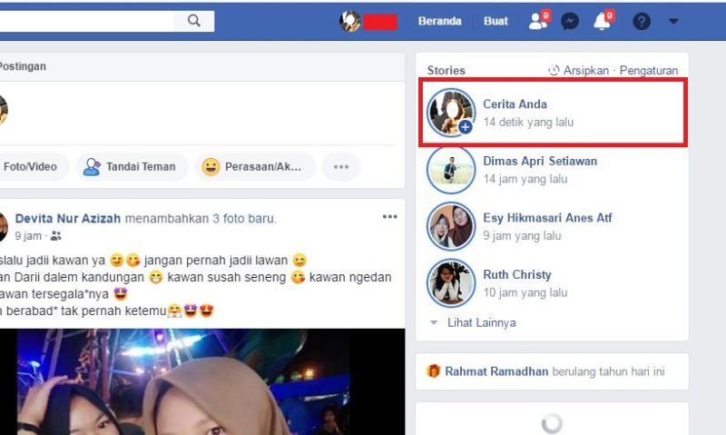 Cara membuat dan melihat stories di Facebook 4 Tampilan saat berhasil mengunggah stories Facebook
