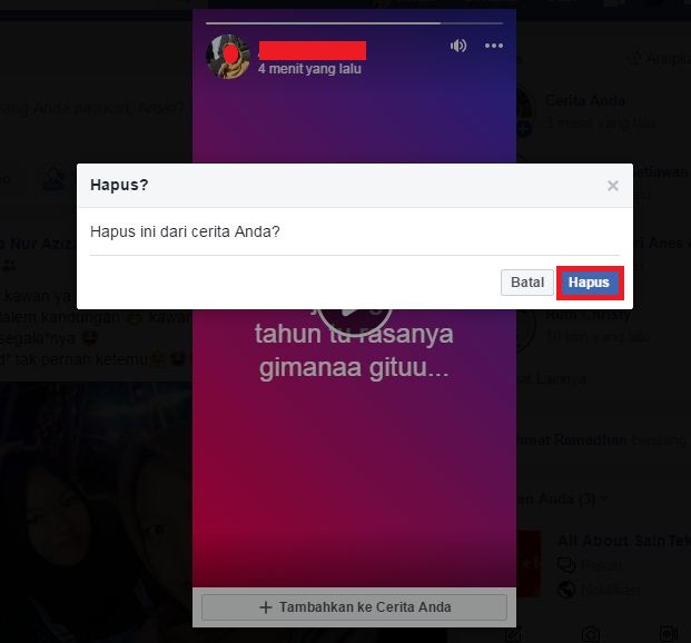 Cara membuat dan melihat stories di Facebook 6 Pesan konfirmasi untuk menghapus stories