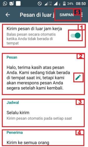Cara membuat pesan balasan otomatis di Whatsapp 12 Tampilan pengaturan fitur "Pesan diluar jam kerja"