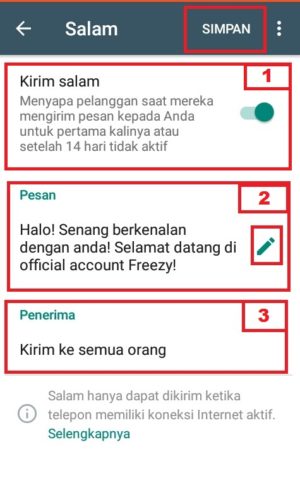 Cara membuat pesan balasan otomatis di Whatsapp 16 Tampilan pengaturan fitur "Salam" untuk menyapa para pelanggan secara otomatis