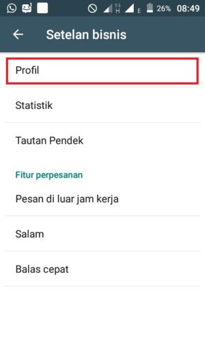 Cara membuat pesan balasan otomatis di Whatsapp 4 Tampilan berbagai menu dalam "Setelan bisnis"
