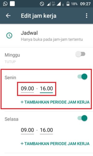 Cara membuat pesan balasan otomatis di Whatsapp 9 Tampilan saat mengatur hari dan jam kerja bisnis