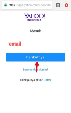 Cara menutup atau menghapus Permanen akun Yahoo kamu 1 Gambar 1. Ketik email Yahoo yang ingin kamu hapus, setelah itu ketuk masuk