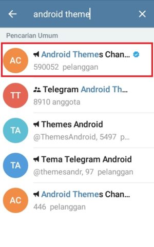 Cara mengganti tema di Telegram (buat sendiri atau download) 13 Mengetikkan nama Channel di kotak pencarian