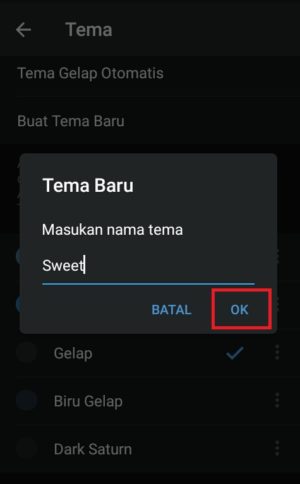 Cara mengganti tema di Telegram (buat sendiri atau download) 6 Tampilan saat memasukkan nama untuk tema yang akan dibuat