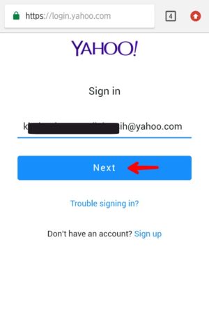 Cara membuka email Yahoo di HP 1 Ketik alamat Email dan pilih Next