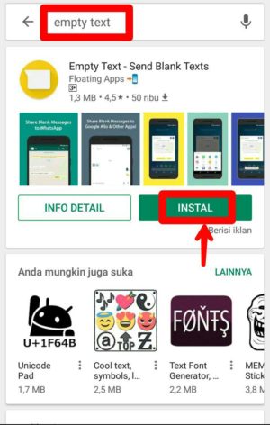 Cara membuat komentar kosong di instagram tanpa aplikasi 7 Gambar 5. Search di playstore "empty text" kemudian instal