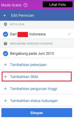 Cara menambahkan status pendidikan dan pekerjaan di facebook 4 pilih “+ Tambahkan SMA”