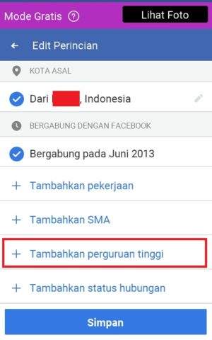 Cara menambahkan status pendidikan dan pekerjaan di facebook 7 pilih “+ Tambahkan perguruan tinggi” untuk menambahkan status perguruan tinggi yang kamu tempuh.