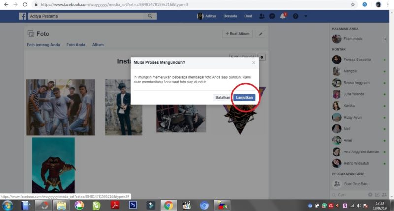 Cara mendownload album foto di facebook menggunakan dekstop/PC 6 Tampilan notifikasi pengunduhan foto.