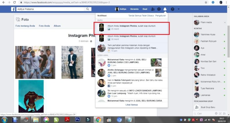 Cara mendownload album foto di facebook menggunakan dekstop/PC 7 Tampilan saat notifikasi masuk ke pemberitahuan facebook.