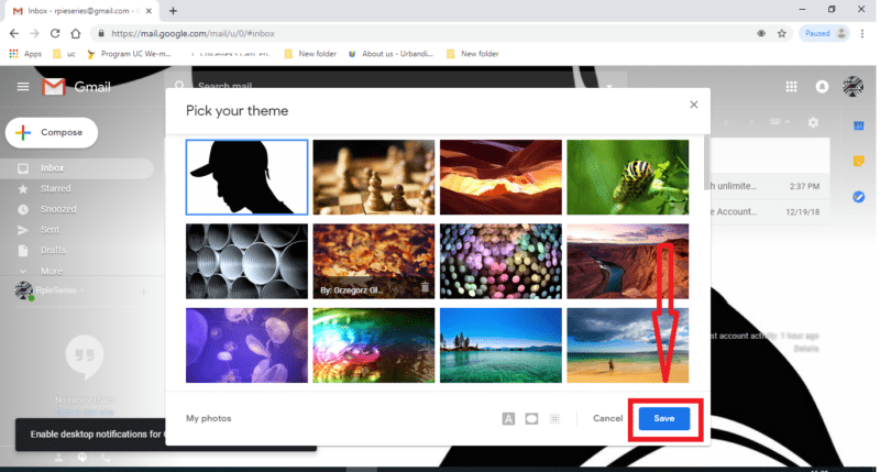 Cara memasang atau mengganti tema background Gmail 12 Klik save untuk menyimpanya