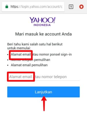Cara mengembalikan akun email Yahoo yang dihack/dibajak 8 Ketik alamat email, lalu lanjutkan