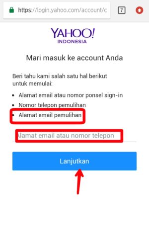 Cara mengembalikan akun email Yahoo yang dihack/dibajak 2 Gambar 2. Ketik alamat email pemulihan kemudian lanjutkan.