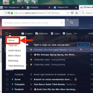Cara menghapus pesan email secara cepat di Yahoo 14 Tap panah kecil di samping kotak, muncul opsi pesan yang ingin dihapus, pilih semua