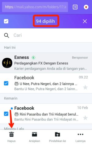 Cara menghapus pesan email secara cepat di Yahoo 7 Tap tool hapus