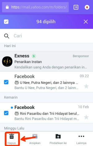 Cara menghapus pesan email secara cepat di Yahoo 10 Laman pesan sampah, ceklis lalu tap icon sampah