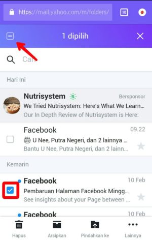 Cara menghapus pesan email secara cepat di Yahoo 6 Ceklis 1 pesan, kemudian tap tanda strip di pojok kiri atas