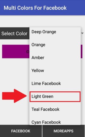 Cara mengganti warna tema Facebook Lite 3 Memilih warna "light green" untuk dijadikan tema