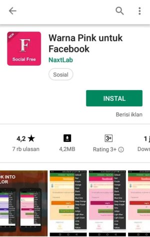 Cara mengganti warna tema Facebook Lite 7 Tampilan aplikasi "Warna pink untuk Facebook" di Play store