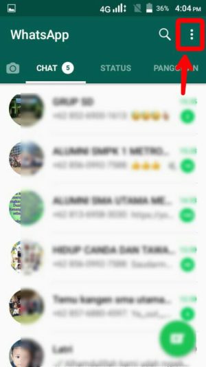 Cara mengganti nomor wa yang tidak aktif tanpa menghapus akun 1 Laman chat WhatsApp, tap tool titik tiga di pojok kanan atas