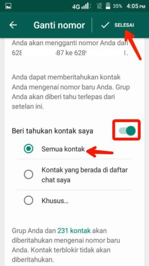 Cara mengganti nomor wa yang tidak aktif tanpa menghapus akun 7 Kofirmasi pemberitahuan nomor baru ke kontak, kemudian ketuk selesai