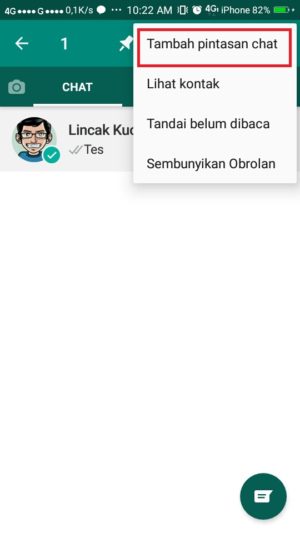 Cara membuat pintasan (shortcut) kontak WhatsApp di ponsel kamu 3 Pilih buat pintasan chat