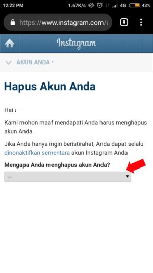 Cara menghapus akun Instagram secara Permanen 3 Pilih alasan penghapusan akun