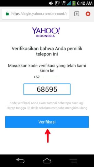 Cara membuat email Yahoo baru 4 Masukkan kode verifikasi yang dikirimkan pihak Yahoo