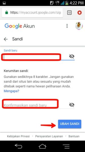 Cara ganti password Gmail 3 Masukkan 2x kata sandi baru, lalu tap ubah sandi