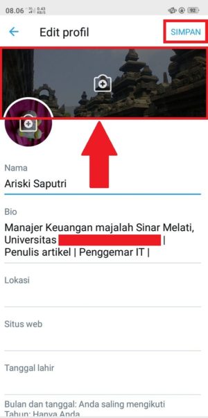 Cara mengganti foto profil dan sampul di twitter 7 memilih ikon kamera pada header untuk mengubah foto sampul