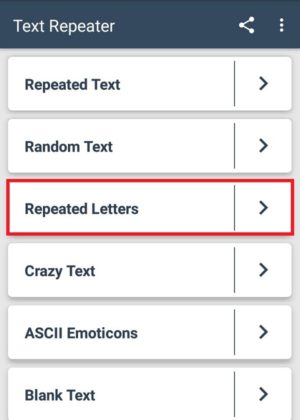 Cara nge-bom chat dan grup di whatsapp 10 Tampilan menu "Repeated Letters" untuk melakukan bom chat