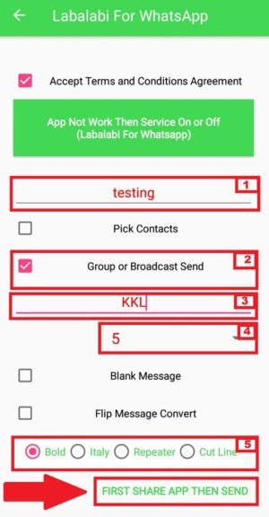 Cara nge-bom chat dan grup di whatsapp 19 Contoh pengaturan penggunaan aplikasi Labalabi for Whatsapp untuk bom chat grup