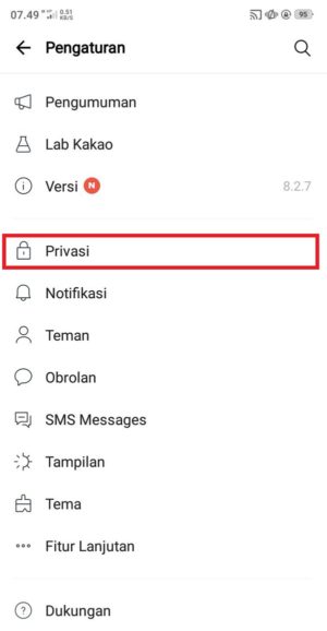 Cara menghapus akun KakaoTalk 2 pilih “Privasi” untuk masuk ke submenu berikutnya