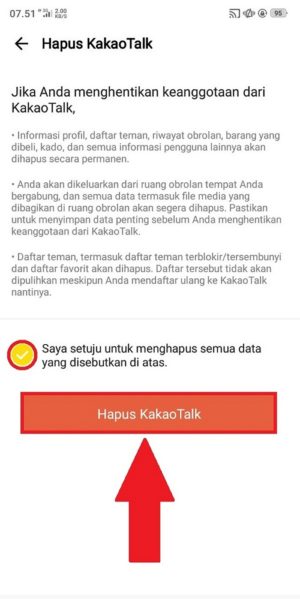 Cara menghapus akun KakaoTalk 5 “Hapus KakaoTalk” untuk lanjut ke step selanjutnya