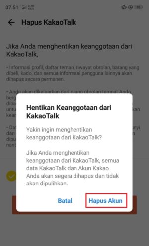 Cara menghapus akun KakaoTalk 6 Tampilan halaman konfirmasi dari KakaoTalk