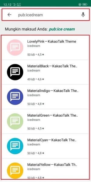 Cara cari (dan download) tema KakaoTalk gratis 12 Contoh format untuk mencari nama developer "icedream" di Play Store