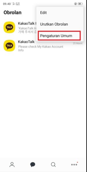 Cara cari (dan download) tema KakaoTalk gratis 2 “Pengaturan Umum” untuk masuk ke menu pengaturan di KakaoTalk