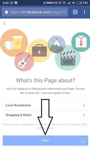 Cara membuat Fanspage Facebook lewat HP 8 Tap "next"