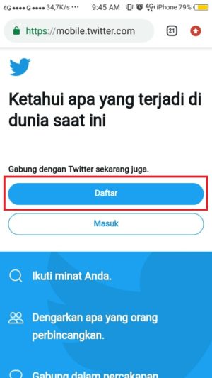Cara membuat akun twitter baru lewat hp kamu 1 Pilih Daftar