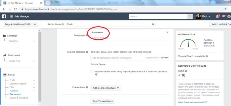 Cara membuat dan mengoptimalkan iklan di Facebook Ads 10 Memilih bahasa pengunjung