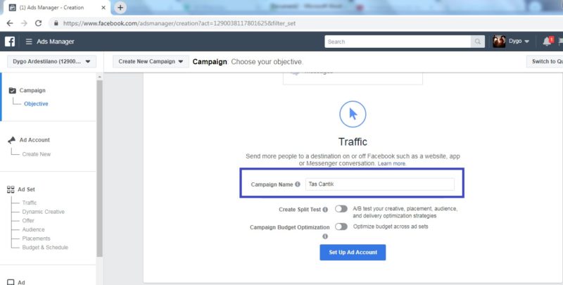 Cara membuat dan mengoptimalkan iklan di Facebook Ads 4 Buat nama Traffic