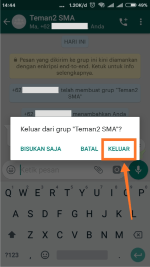 Cara memblokir grup di WhatsApp permanen 10 Langkah keempat keluar grup WhatsApp, yaitu klik keluar saat muncul noifikasi popup box lagi.