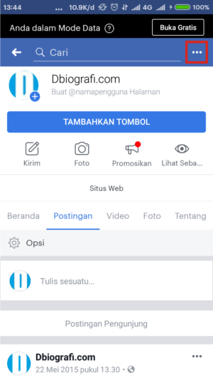 Cara membuat pesan balas otomatis (auto-reply) di Facebook Fanpage 4 Di laman Halaman/Fanpage, klik tiga titik.