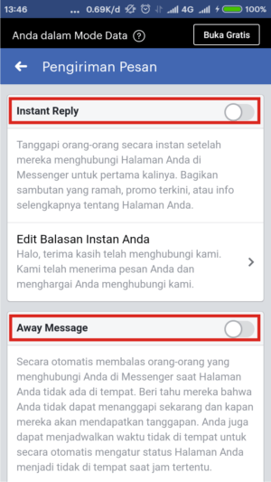 Cara membuat pesan balas otomatis (auto-reply) di Facebook Fanpage 8 Ada dua opsi yang bisa kamu pilih, Instant Reply dan Away Message.