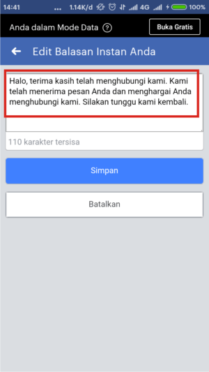Cara membuat pesan balas otomatis (auto-reply) di Facebook Fanpage 9 Kolom edit kalimat auto reply.